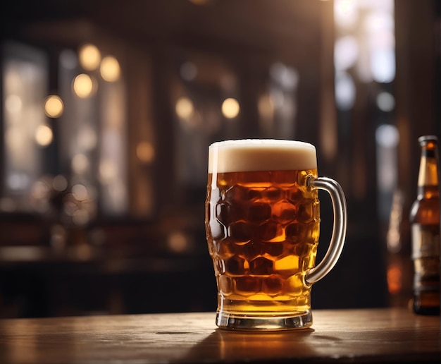 Un vaso frío de cerveza en una mesa de madera en un bar