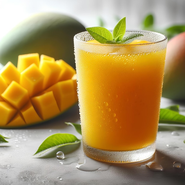 Foto vaso frío de jugo de mango con grandes gotas de condensación en ellos sobre un fondo blanco