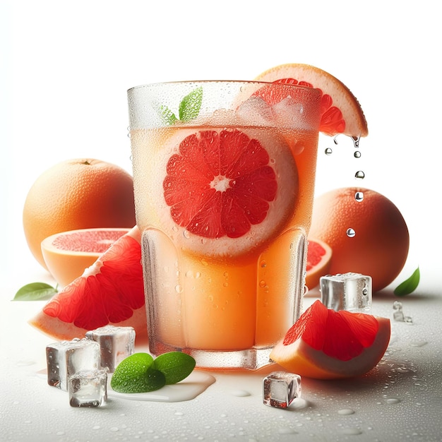 vaso frío de jugo de pomelo con grandes gotas de condensación en ellos sobre un fondo blanco