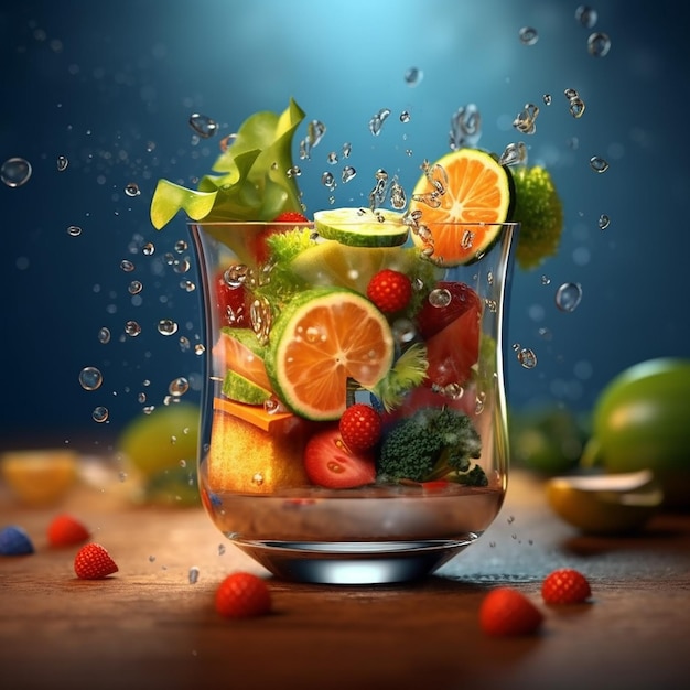 Un vaso de fruta con agua salpicando a su alrededor.