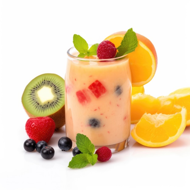 Un vaso de fruta con fresas, kiwi y kiwi.