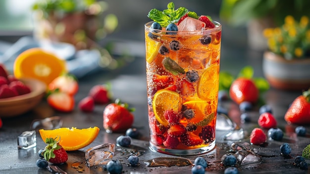 Un vaso de fruta y hielo en la mesa