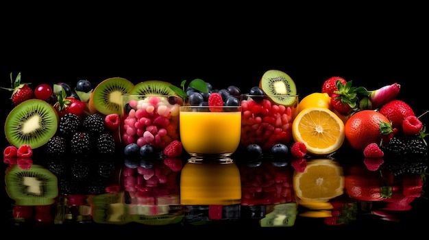 Un vaso de fruta junto a una taza de jugo.