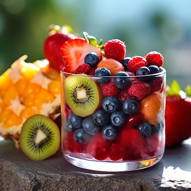 Un vaso de fruta con un kiwi y un kiwi detrás