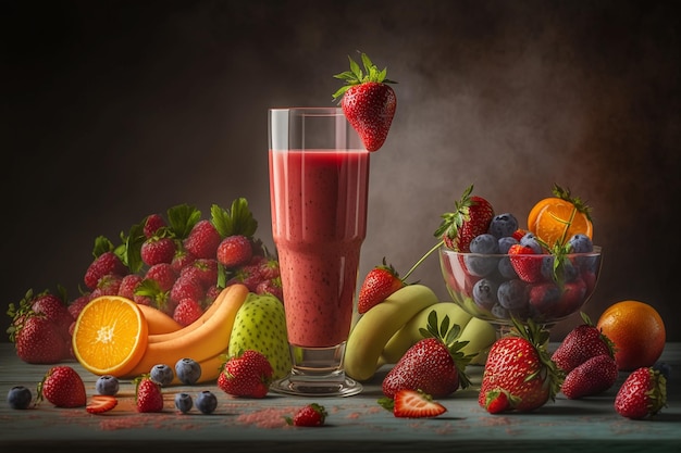 Un vaso de fruta y un vaso de batido de fresa