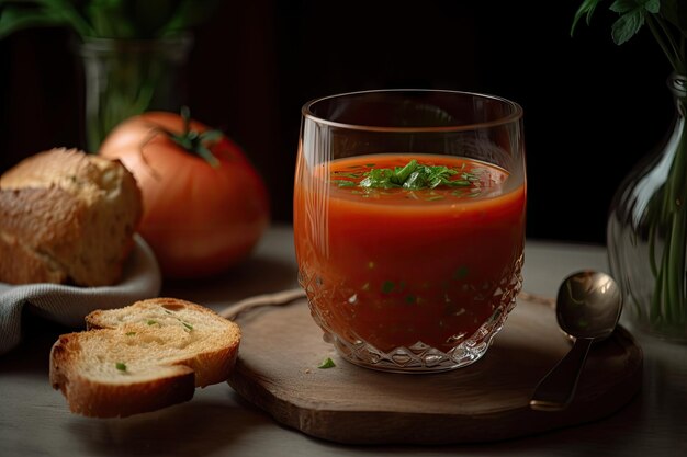 Vaso de gazpacho con una rebanada de pan crujiente para mojar creado con ai generativo