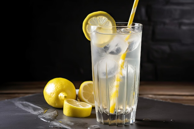 Vaso gigante de limonada helada con una rodaja de limón y una pajita creada con ai generativo