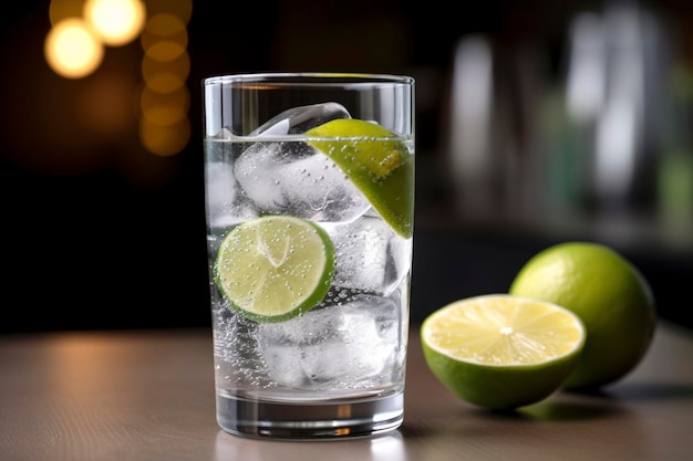 Un vaso de gin tonic con limas en una barra de bar.