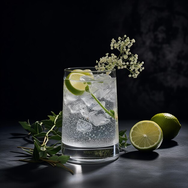 Un vaso de gin tonic con limas y limas sobre una mesa negra.