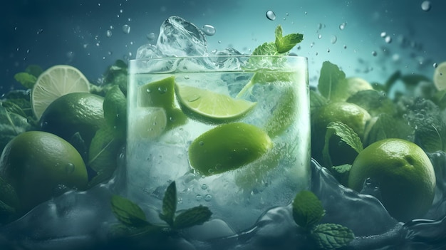 Un vaso de gin-tonic de menta con hielo y limas