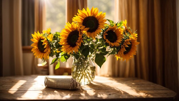 Vaso con girasoles en el fondo de una ventana rayos de sol