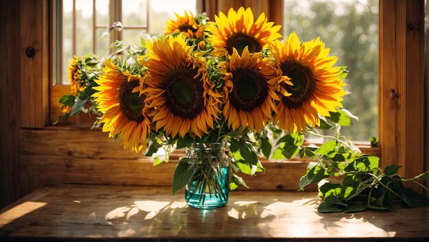 Vaso con girasoles en el fondo de una ventana rayos de sol