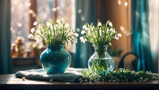 Vaso con gotas de nieve en la habitación