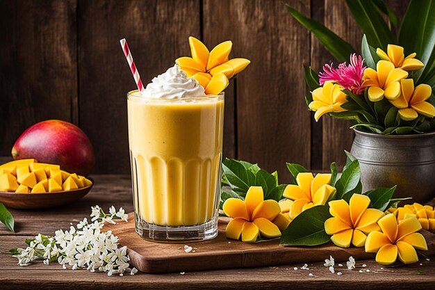 un vaso de helado al lado de una fruta y flores