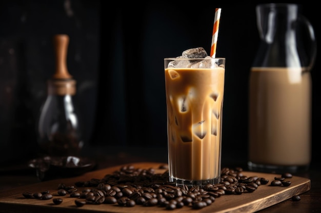 Un vaso helado de café helado con una pajita y un dulce al lado creado con ai generativo