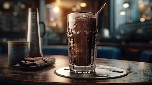 Un vaso de helado de chocolate se sienta en una mesa con un libro al fondo.