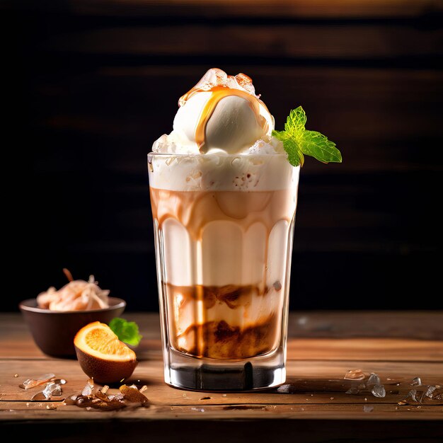 Foto un vaso de helado con una cuchara de helado en la parte superior