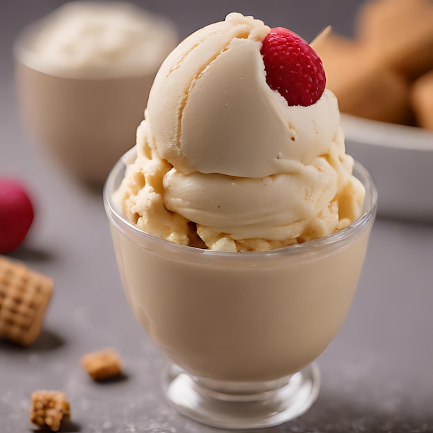 un vaso de helado con una frambuesa en la parte superior