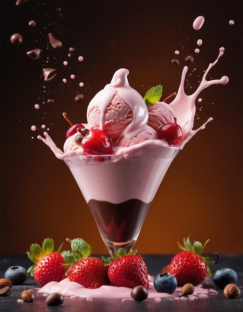 un vaso de helado con fresas y una fresas