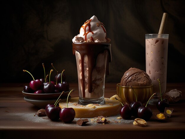 Un vaso de helado con un helado de chocolate