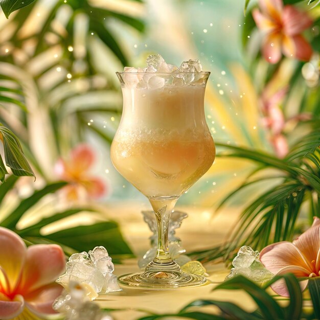 Vaso helado de Pina Colada con flores tropicales y hielo