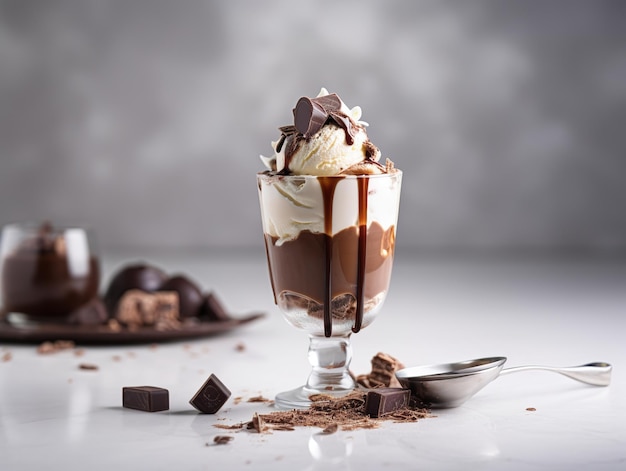 Un vaso de helado con trocitos de chocolate al lado