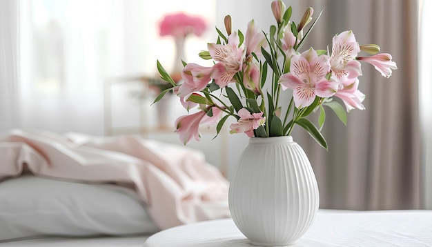 Foto vaso con hermosas flores de alstroemeria y decoración en la mesita de noche en el dormitorio