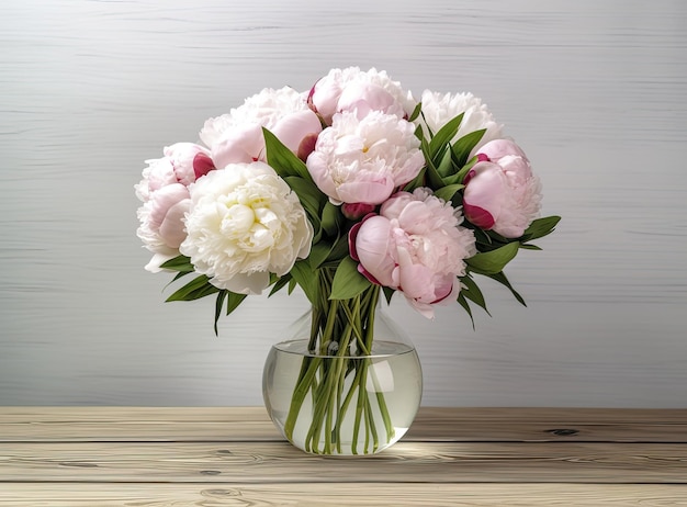 Vaso con hermosas flores de peonía en la mesa creado con tecnología de IA generativa