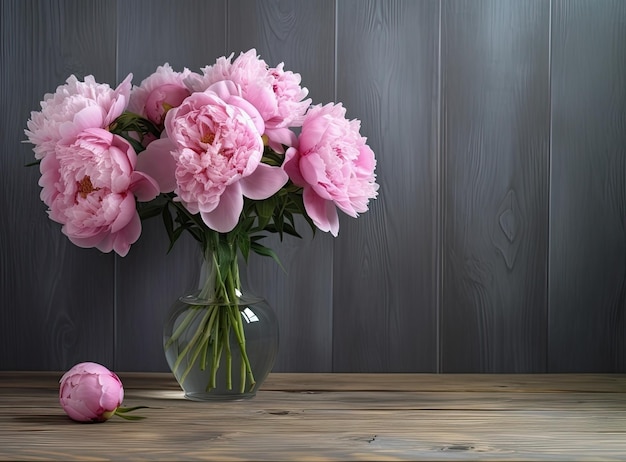 Vaso con hermosas flores de peonía en la mesa creado con tecnología de IA generativa