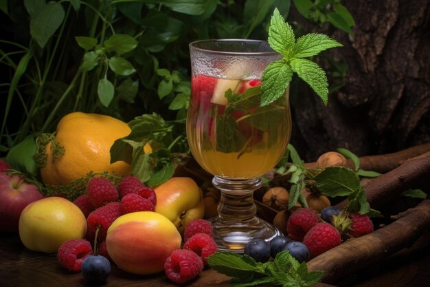 Vaso de hidromiel adornado con hierbas y frutas frescas creadas con ai generativa