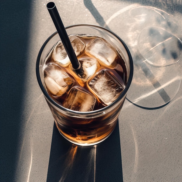 Un vaso de hielo y una bebida con una pajita.