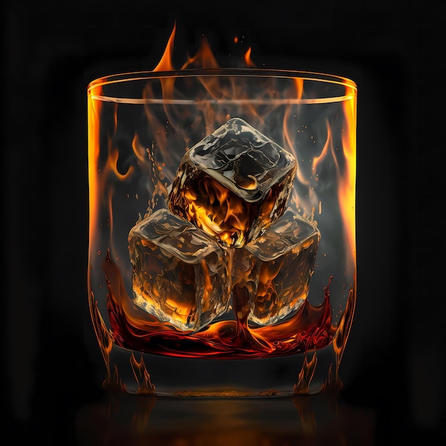 Un vaso de hielo y fuego está sobre un fondo negro.