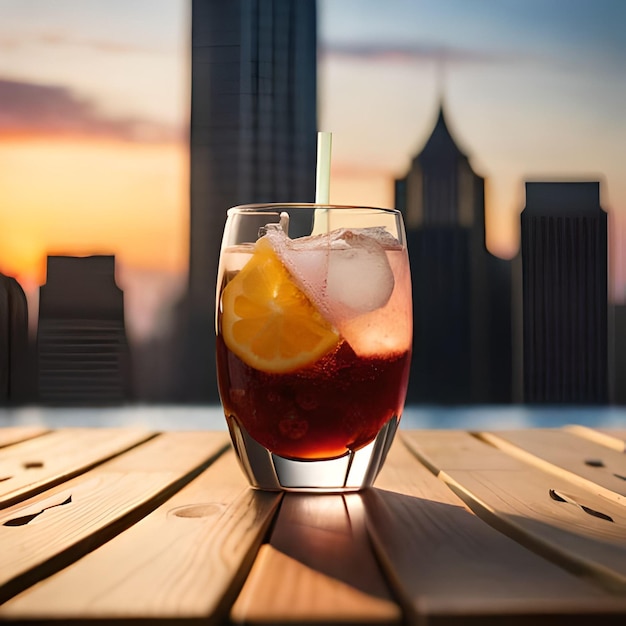 Un vaso de hielo y una pajilla están sobre una mesa con el horizonte de la ciudad al fondo.