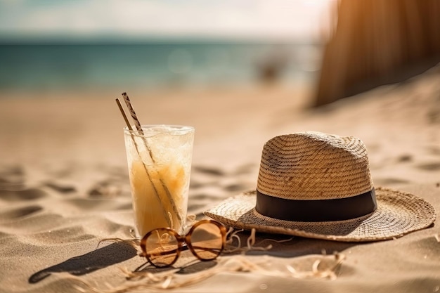 Un vaso de hielo y una pajita en la playa.