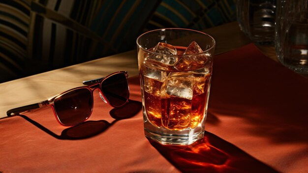 Un vaso de hielo y un par de gafas de sol en una mesa