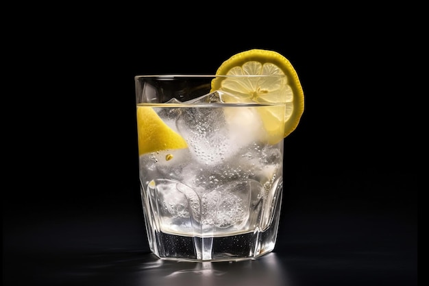 Un vaso de hielo con una rodaja de limón encima