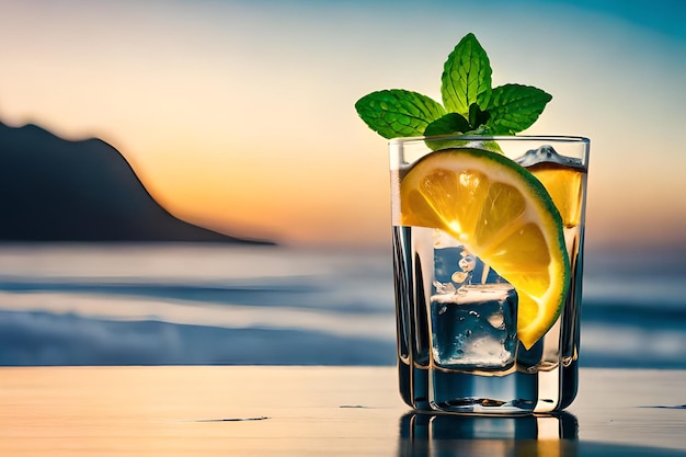Un vaso de hielo con una rodaja de limón y un vaso de agua sobre una mesa con una puesta de sol de fondo.