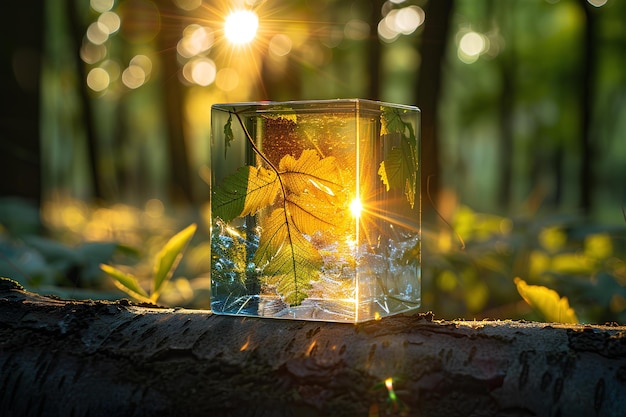 Un vaso con una hoja dentro de él sentado en un tronco en el bosque con el sol brillando a través de la