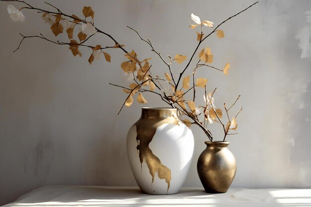 Vaso con hojas de otoño sobre un fondo blanco Naturaleza muerta