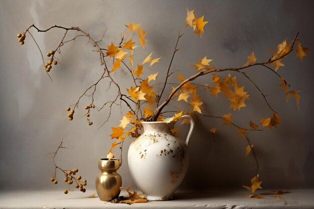 Vaso con hojas de otoño y vela en la mesa sobre un fondo gris de la pared