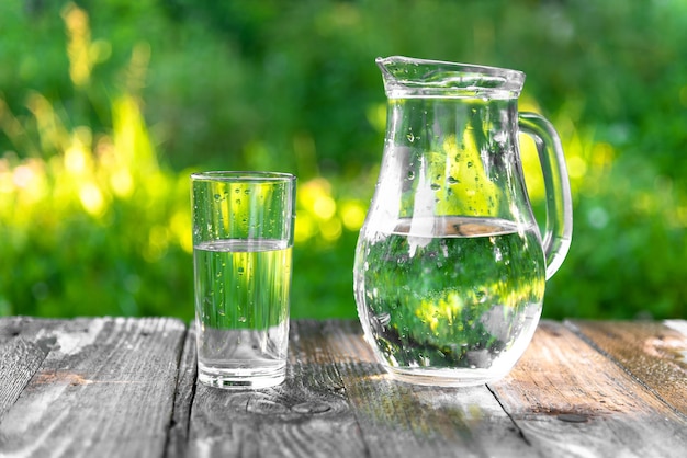 Vaso y jarra de agua sobre la mesa en el contexto de la naturaleza.