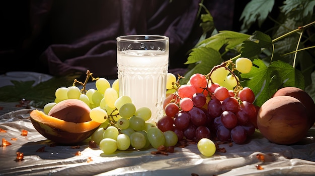 un vaso de jugo aislado en un fondo limpio con frutas alrededor