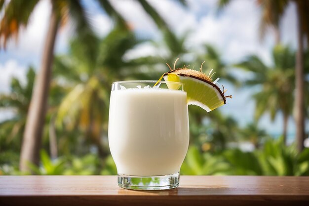 Foto vaso de jugo de coco con fondo borroso de árbol de coco