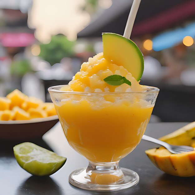 un vaso de jugo con una cuchara y algunas frutas en él