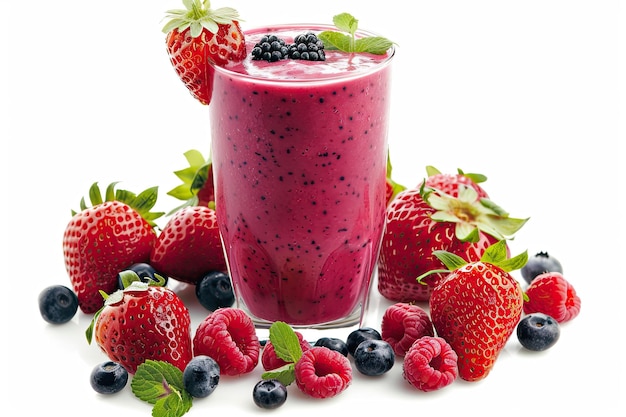 un vaso de jugo de frambuesa con bayas y fresas