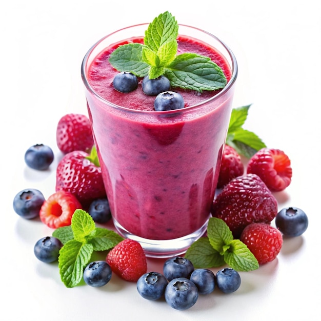 un vaso de jugo de frambuesa con bayas y fresas