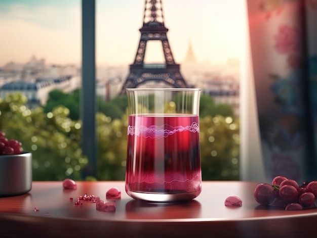 Un vaso de jugo de frambuesa en una mesa con vistas a la torre eiffel al fondo.