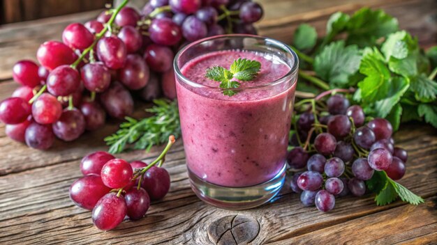 un vaso de jugo de frambuesa se sienta al lado de un ramo de uvas