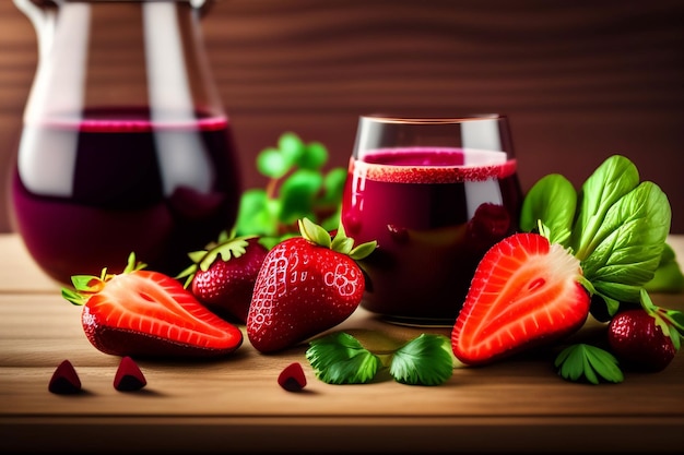 Un vaso de jugo de fresa con fresas en la mesa