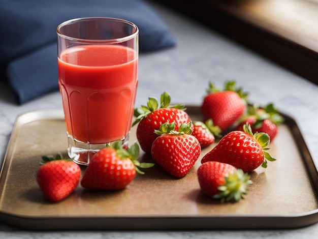 Un vaso de jugo de fresa y fresas en un plato